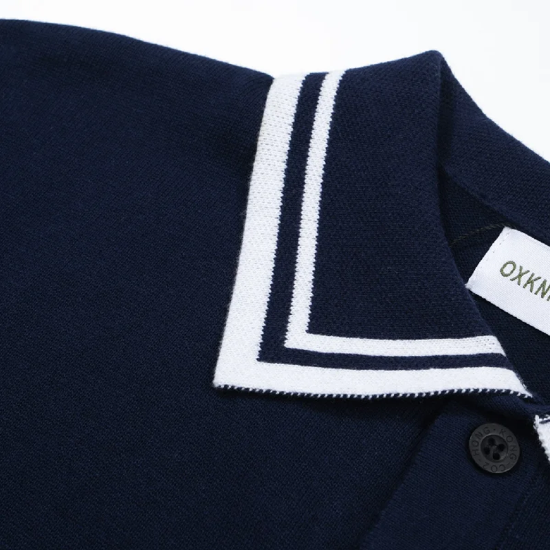 Men's Navy Blue Button Knitted Polo With Double Lines Neck