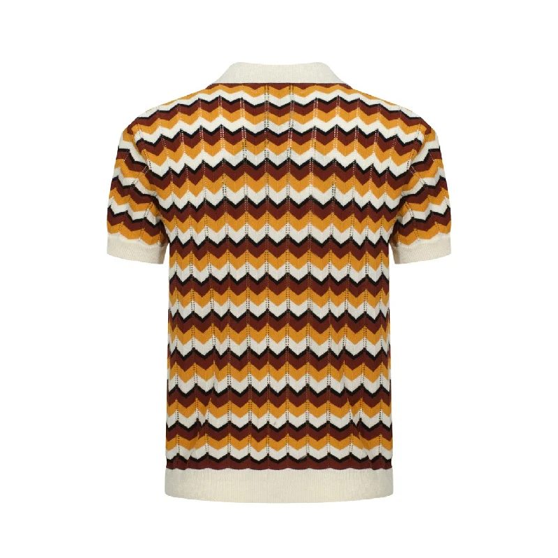 Men's Orange & Yellow Wavy Stripes Beach Knitted Resort Polo Shirt