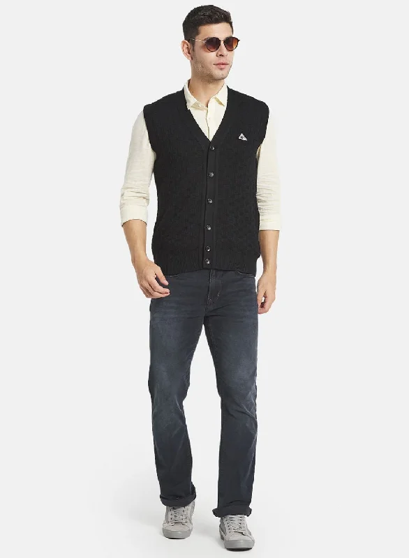 Men Black Self Design Cardigan