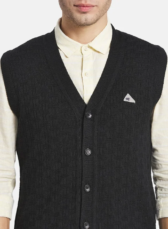 Men Black Self Design Cardigan