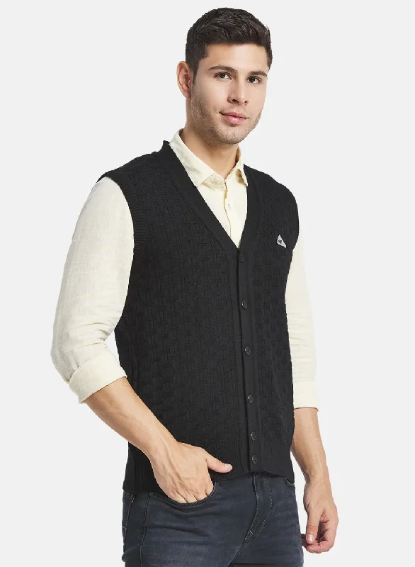 Men Black Self Design Cardigan