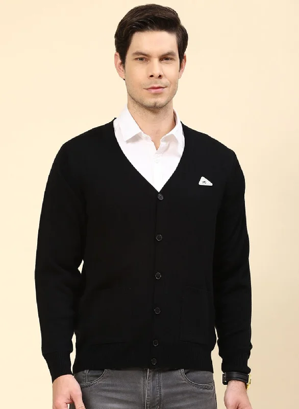 Men Black Solid Wool blend Cardigan