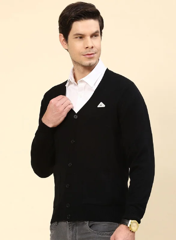 Men Black Solid Wool blend Cardigan