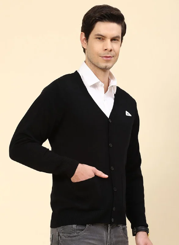 Men Black Solid Wool blend Cardigan