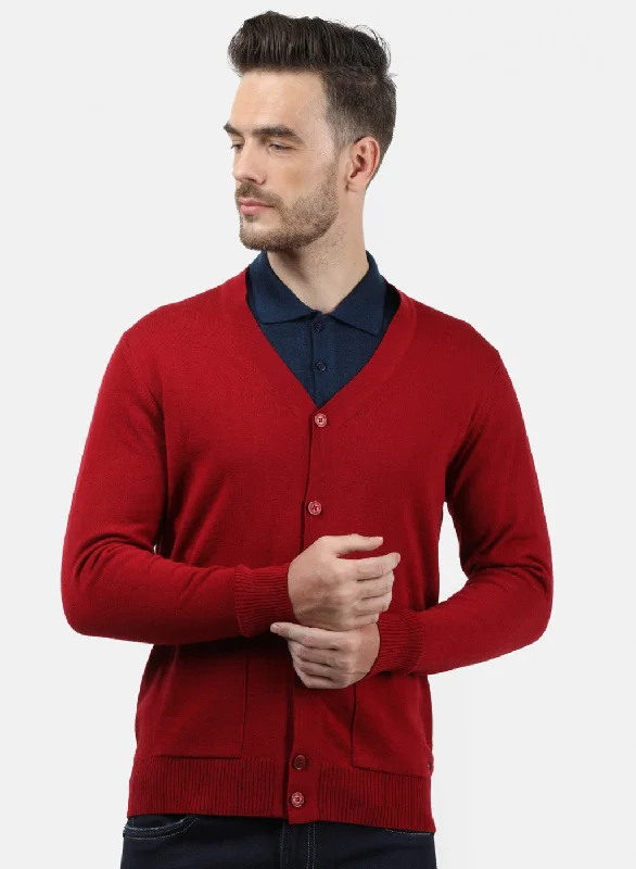 Men Light Maroon Solid Cardigan