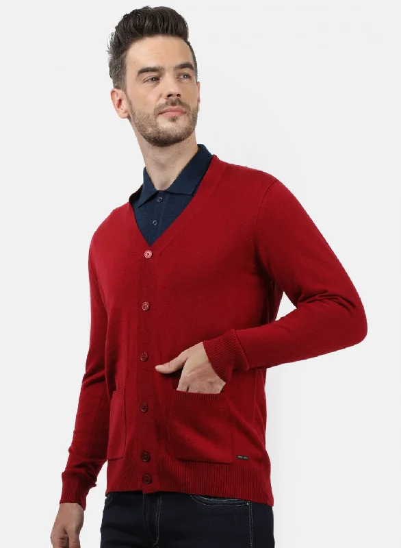 Men Light Maroon Solid Cardigan