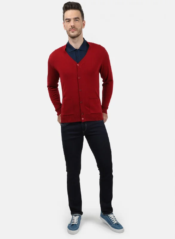 Men Light Maroon Solid Cardigan