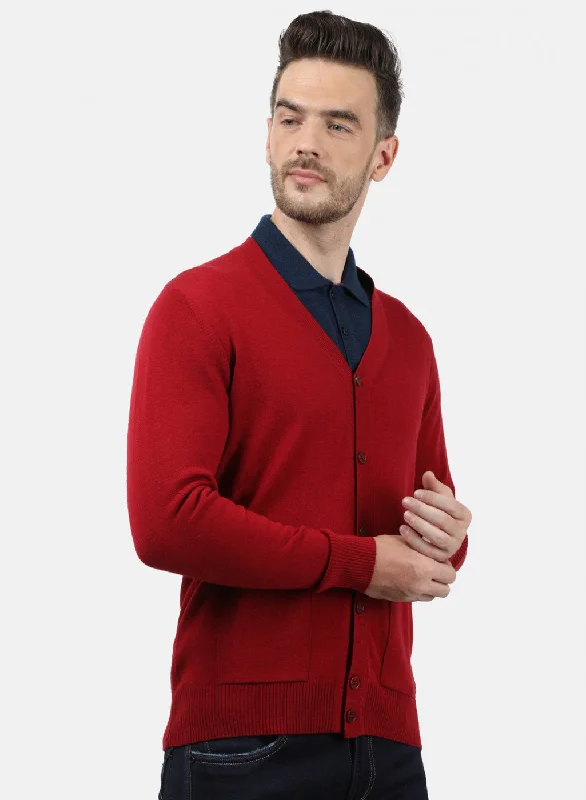 Men Light Maroon Solid Cardigan