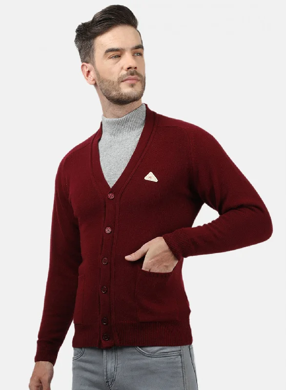 Men Maroon Solid Cardigan