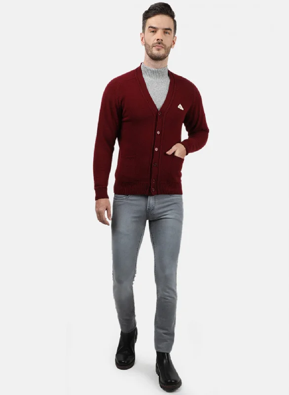 Men Maroon Solid Cardigan