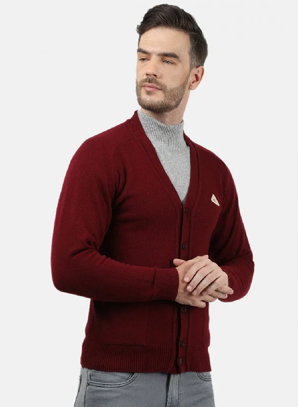 Men Maroon Solid Cardigan