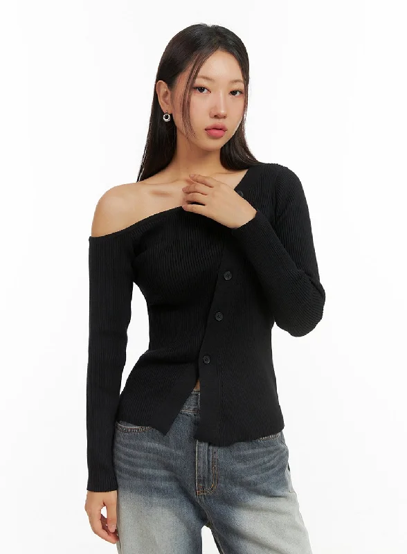 One-Shoulder Buttoned Slim Cardigan IS402