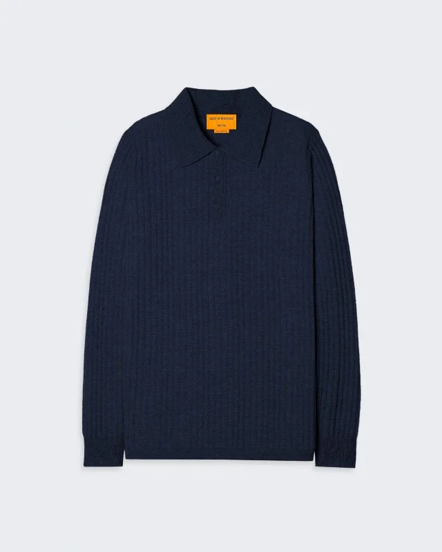 Theo Waffle Polo In Cashmere - Midnight