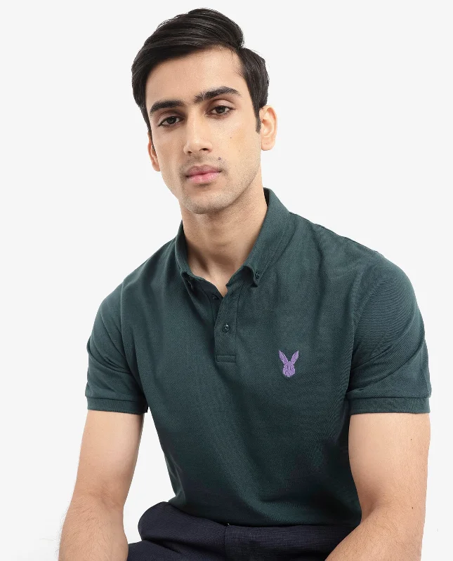 Rare Rabbit  Men's Face Dark Green Cotton Fabric Short Sleeves Button Down Collar Embroidered Logo Regular Fit Plain Polo T-Shirt