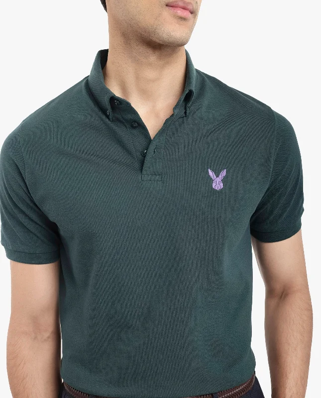 Rare Rabbit  Men's Face Dark Green Cotton Fabric Short Sleeves Button Down Collar Embroidered Logo Regular Fit Plain Polo T-Shirt