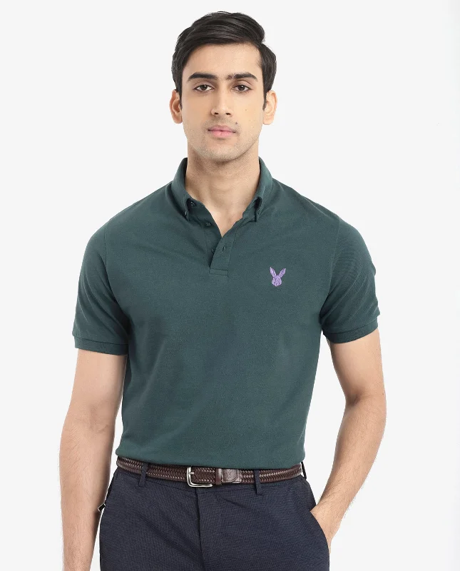 Rare Rabbit  Men's Face Dark Green Cotton Fabric Short Sleeves Button Down Collar Embroidered Logo Regular Fit Plain Polo T-Shirt