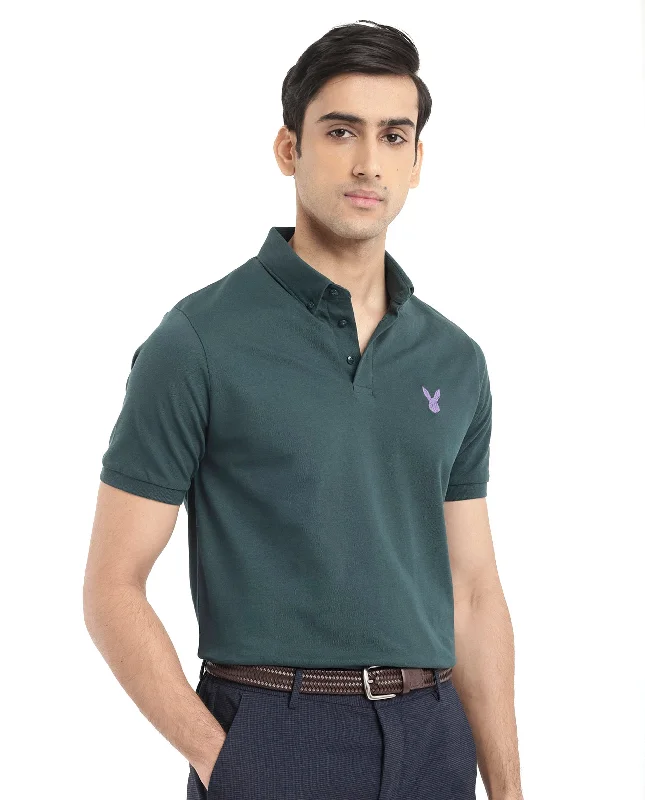 Rare Rabbit  Men's Face Dark Green Cotton Fabric Short Sleeves Button Down Collar Embroidered Logo Regular Fit Plain Polo T-Shirt