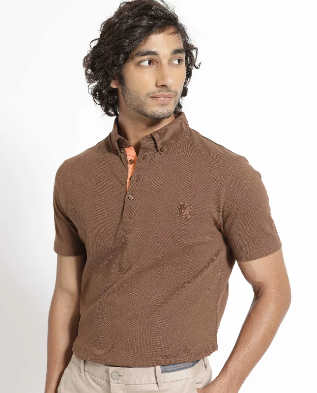 Rare Rabbit Men's Herval Dark Brown Cotton Fabric Collared Neck Half Sleeves Polo T-Shirt