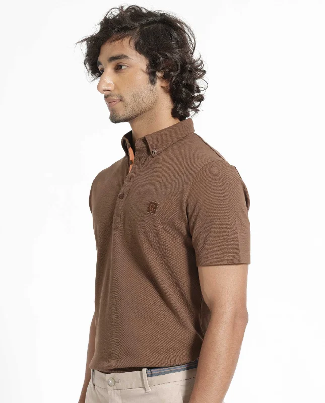 Rare Rabbit Men's Herval Dark Brown Cotton Fabric Collared Neck Half Sleeves Polo T-Shirt