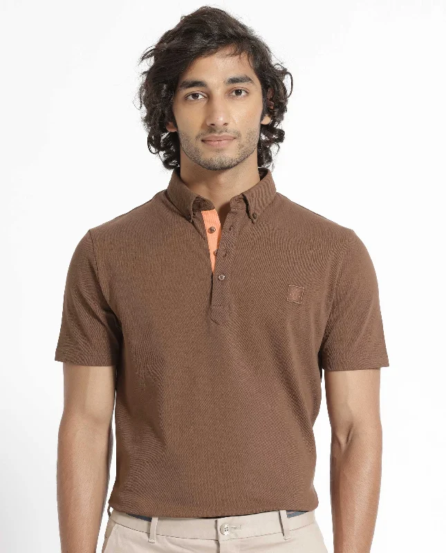 Rare Rabbit Men's Herval Dark Brown Cotton Fabric Collared Neck Half Sleeves Polo T-Shirt