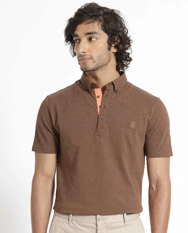 Rare Rabbit Men's Herval Dark Brown Cotton Fabric Collared Neck Half Sleeves Polo T-Shirt