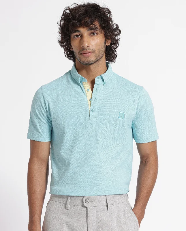 Rare Rabbit Men's Herval Light Blue Cotton Fabric Collared Neck Half Sleeves Polo T-Shirt