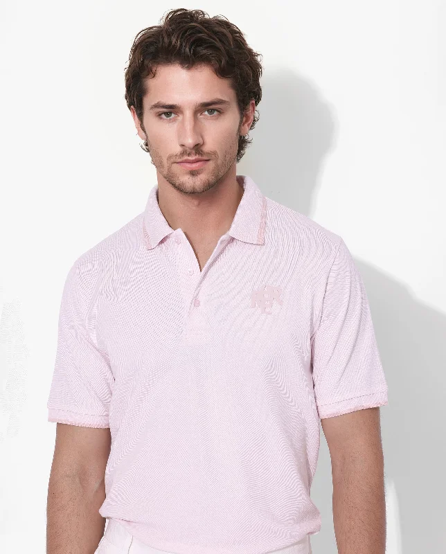 Rare Rabbit Men's Hux Pastel Pink Cotton Fabric Short Sleeves Collared Neck Plain Knit Polo T-Shirt