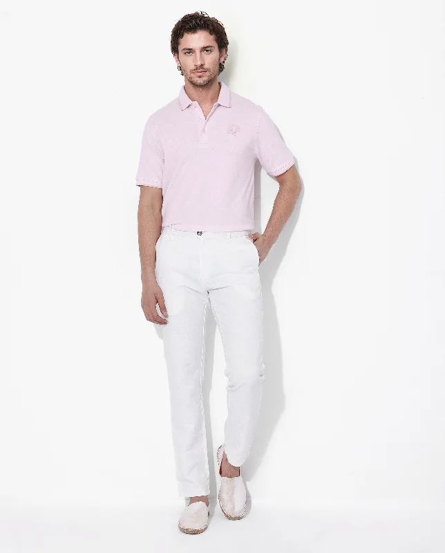 Rare Rabbit Men's Hux Pastel Pink Cotton Fabric Short Sleeves Collared Neck Plain Knit Polo T-Shirt