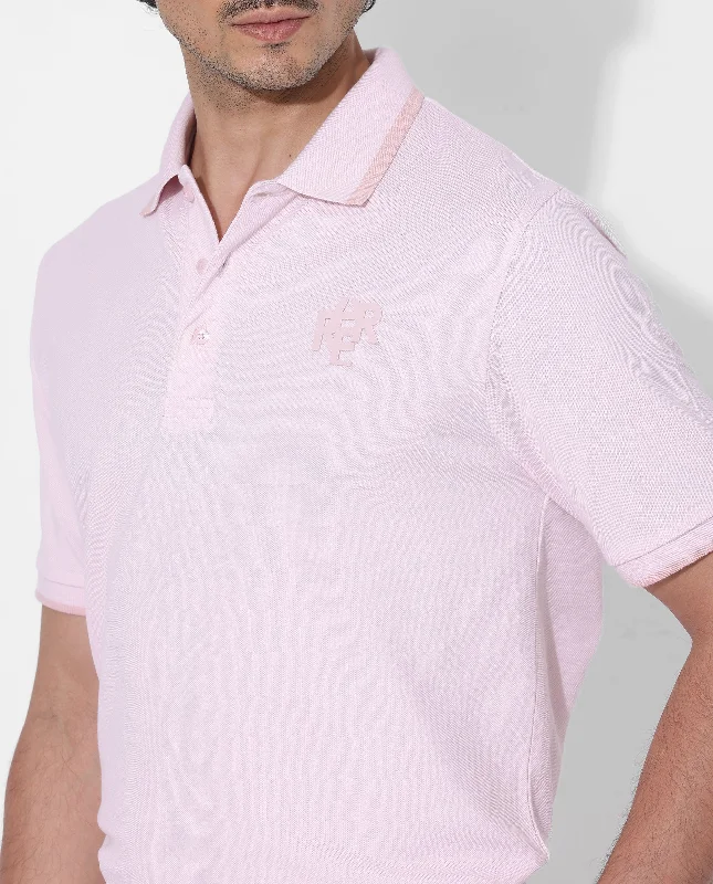 Rare Rabbit Men's Hux Pastel Pink Cotton Fabric Short Sleeves Collared Neck Plain Knit Polo T-Shirt