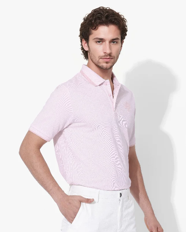 Rare Rabbit Men's Hux Pastel Pink Cotton Fabric Short Sleeves Collared Neck Plain Knit Polo T-Shirt