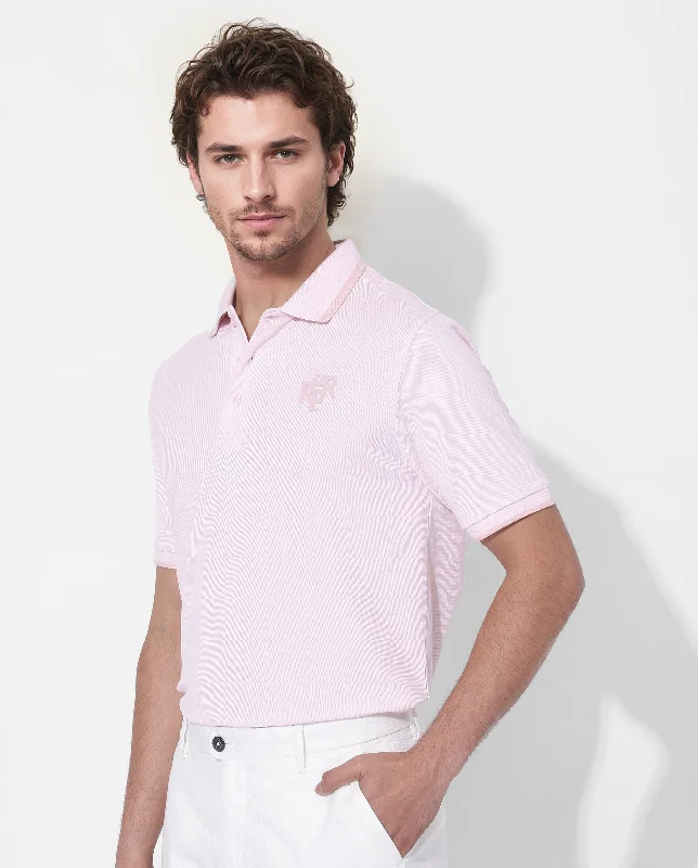 Rare Rabbit Men's Hux Pastel Pink Cotton Fabric Short Sleeves Collared Neck Plain Knit Polo T-Shirt