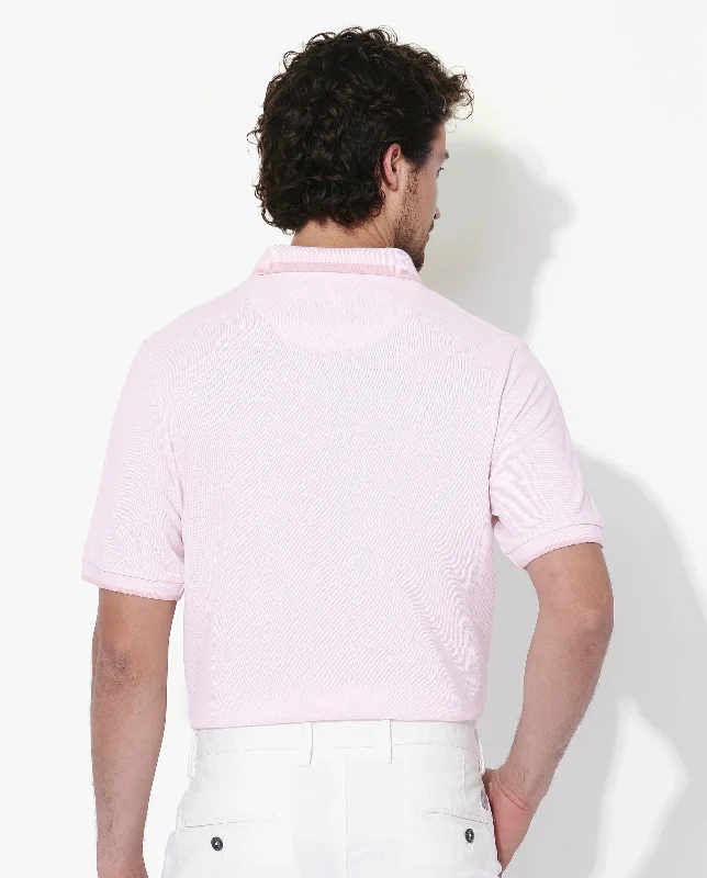 Rare Rabbit Men's Hux Pastel Pink Cotton Fabric Short Sleeves Collared Neck Plain Knit Polo T-Shirt