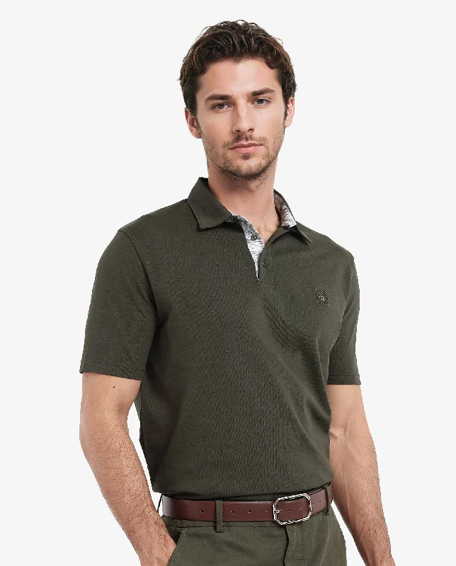 Rare Rabbit Men's Spencer Dark Olive Short Sleeve Button Closure Regular Fit Solid Polo T-Shirt