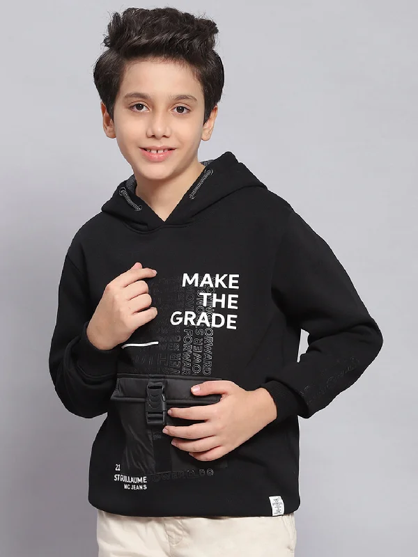 Boys Black Printed Hooded Full Sleeve Sweatshirt