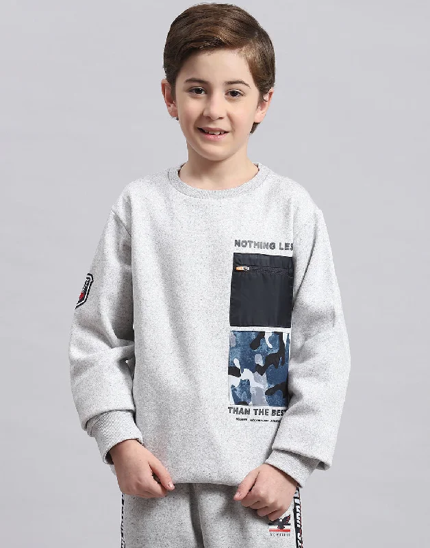 Boys Grey Melange Printed Round Neck Full Sleeve Sweatshirt