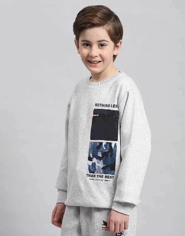 Boys Grey Melange Printed Round Neck Full Sleeve Sweatshirt