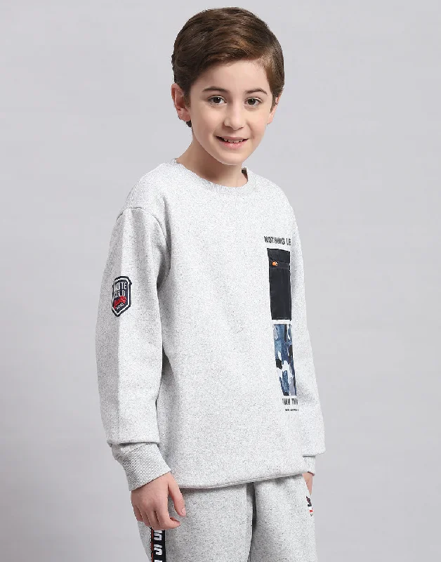 Boys Grey Melange Printed Round Neck Full Sleeve Sweatshirt