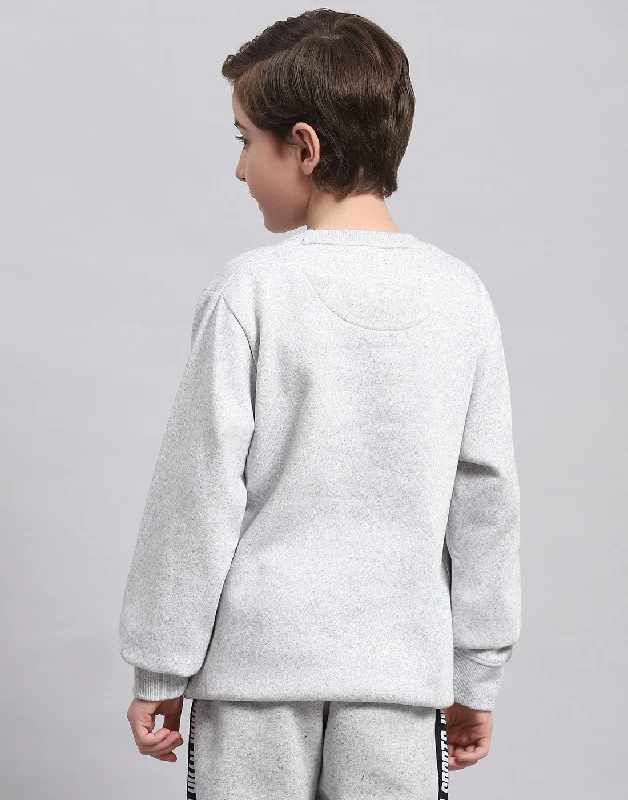 Boys Grey Melange Printed Round Neck Full Sleeve Sweatshirt