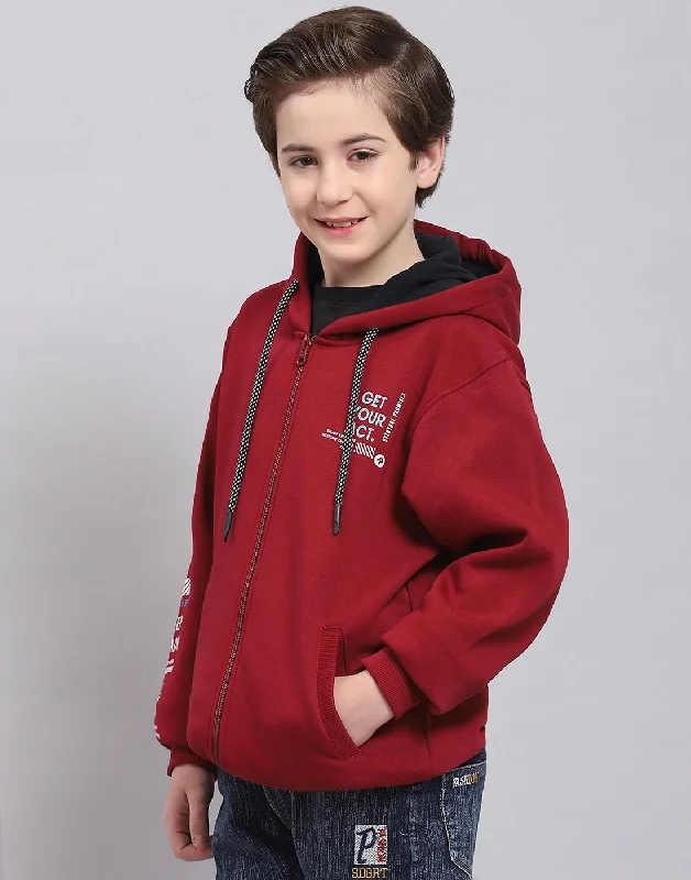 Boys Maroon Printed Hooded Full Sleeve Sweatshirt