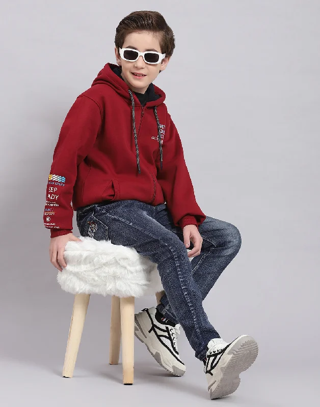 Boys Maroon Printed Hooded Full Sleeve Sweatshirt