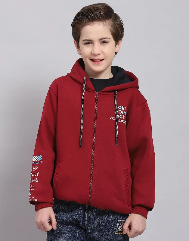 Boys Maroon Printed Hooded Full Sleeve Sweatshirt