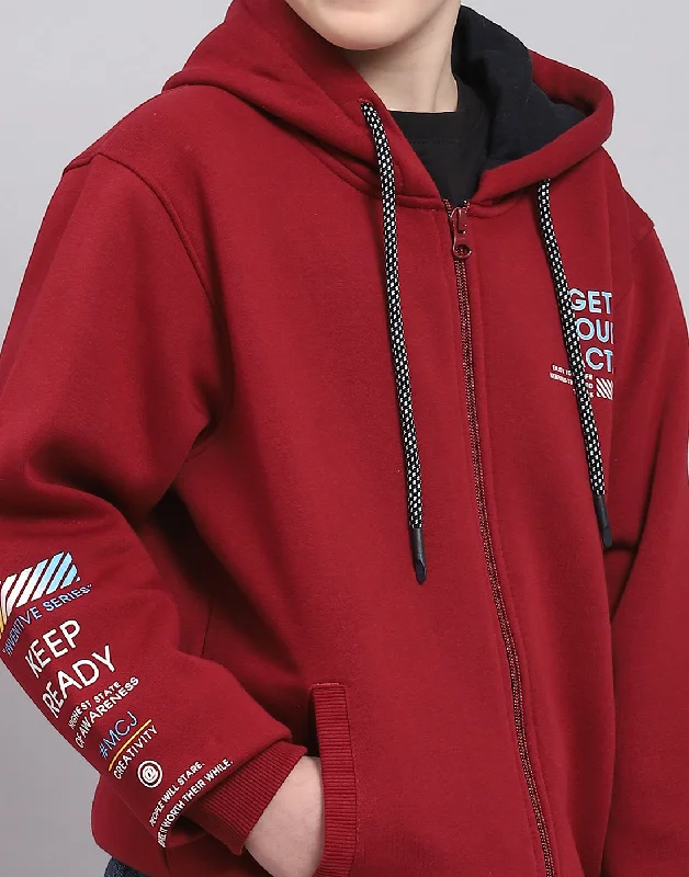 Boys Maroon Printed Hooded Full Sleeve Sweatshirt