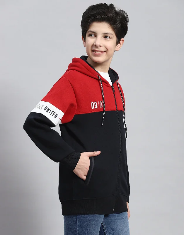 Boys Navy Blue Printed Hooded Full Sleeve Sweatshirt