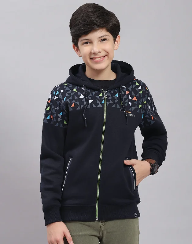 Boys Navy Blue Printed Hooded Full Sleeve Sweatshirt