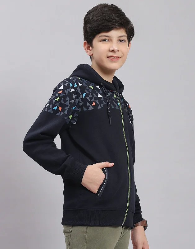 Boys Navy Blue Printed Hooded Full Sleeve Sweatshirt