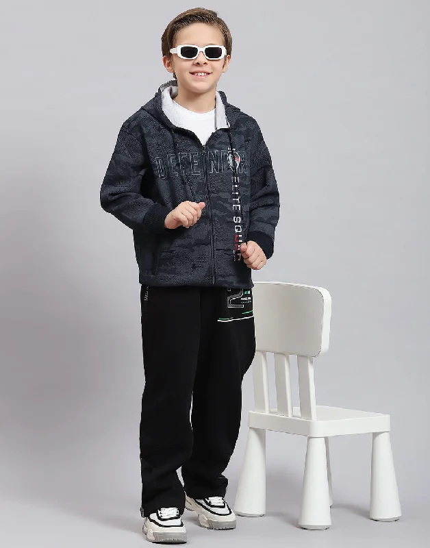 Boys Navy Blue Printed Hooded Full Sleeve Sweatshirt