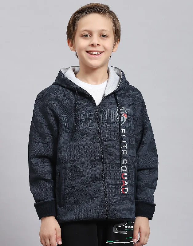 Boys Navy Blue Printed Hooded Full Sleeve Sweatshirt