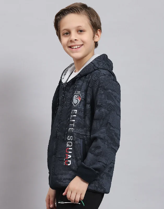 Boys Navy Blue Printed Hooded Full Sleeve Sweatshirt