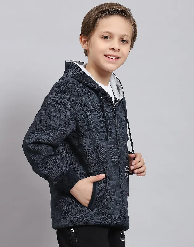 Boys Navy Blue Printed Hooded Full Sleeve Sweatshirt