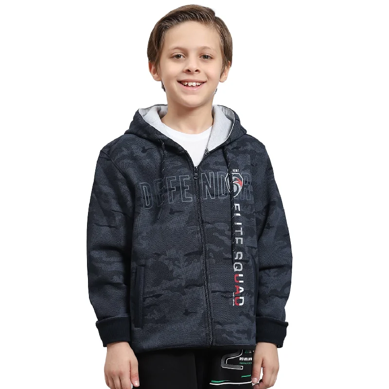 Boys Navy Blue Printed Hooded Full Sleeve Sweatshirt